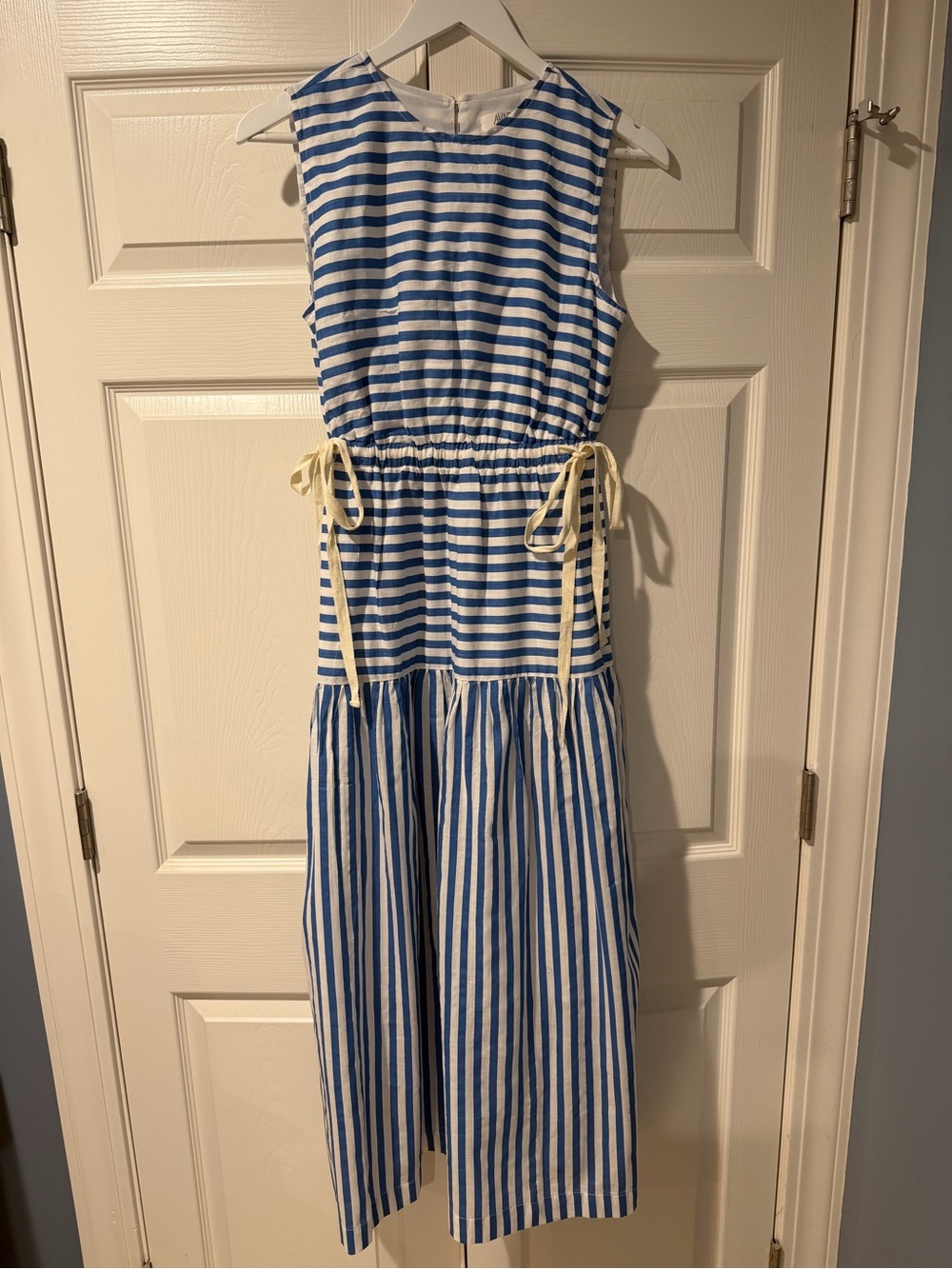 Avara Blue and White Striped Sleeveless Side Tie-Waist Casual Dress